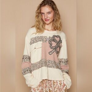 POL patchwork clover pocket Cream and Pink Women's Top with Heart Design
